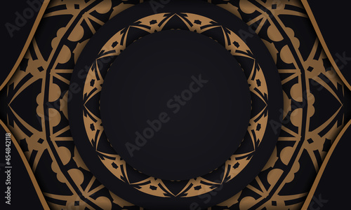 Black vector banner with greek luxury ornaments and place for your text and logo. Template for postcard print design with abstract patterns.