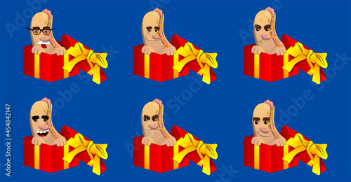 Hot Dog in a gift box. American fast food as a cartoon character with face.