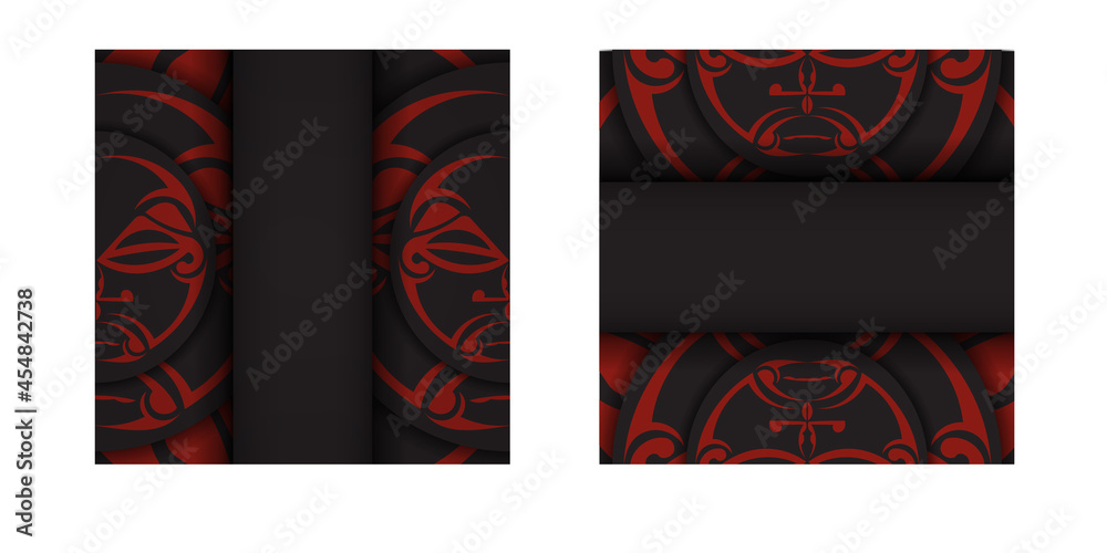 Luxurious Template for print design postcards in black color with mask of the gods patterns. Preparing an invitation with a place for your text and a face in a polizenian style ornamentation.