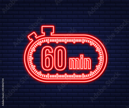 The 60 minutes, stopwatch vector neon icon. Stopwatch icon in flat style, timer on on color background. Vector illustration.