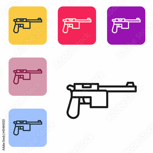 Black line Mauser gun icon isolated on white background. Mauser C96 is a semi-automatic pistol. Set icons in color square buttons. Vector