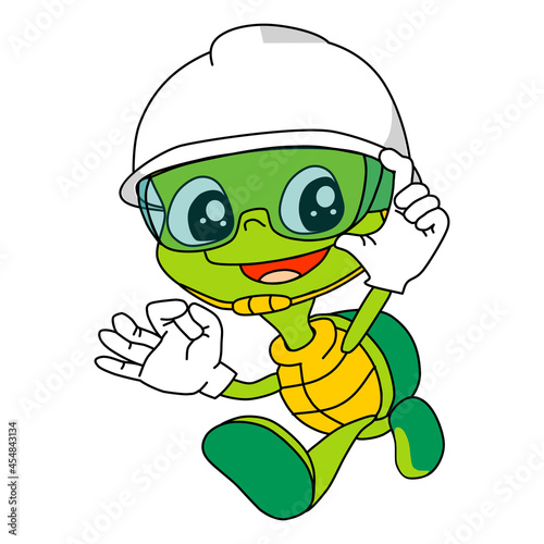 Turtle Wearing Construction Helmet, Turtle Mascot Isolated on White Background.