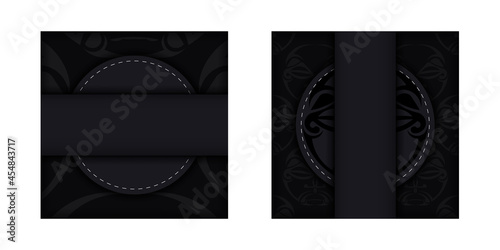 Vector Template of invitation with a place for your text and a face in a polizenian style ornament. Luxurious design of postcard in black color with mask of the gods ornament.