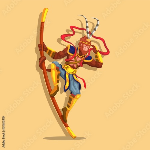 Monkey king aka sun wukong  figure posing on stick rod. legendary creature chinese mythology character illustration vector