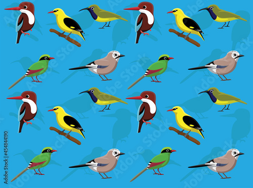 Asian Bird Kingfisher Oriole Sunbird Magpie Jay Vector Seamless Wallpaper