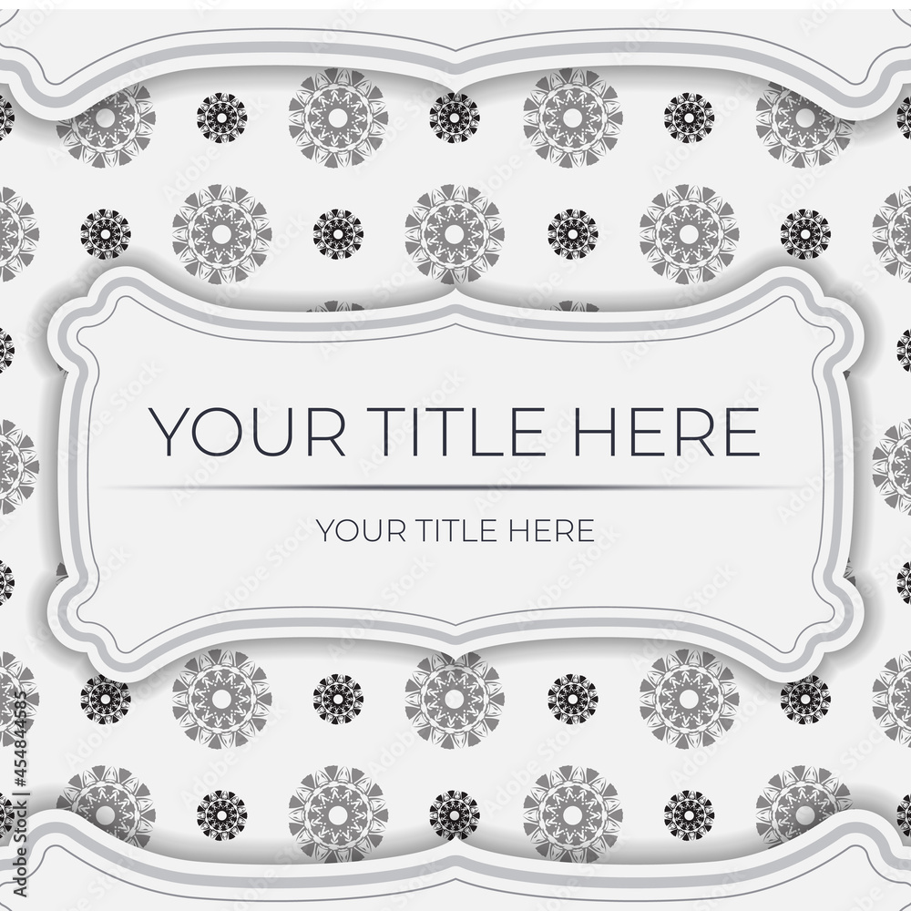 Luxurious Postcard Template White colors with Indian patterns. Print-ready invitation design with mandala ornament.