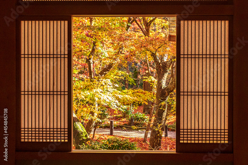 Canvas Print frame between wooden window and beautiful Maple tree in Japanese Garden