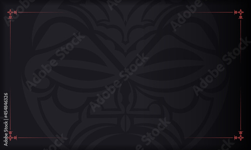 Template for a printable design of a postcard with a face in a polizenian style ornaments. Black vector banner with mask of the gods ornaments and place for your text and logo.