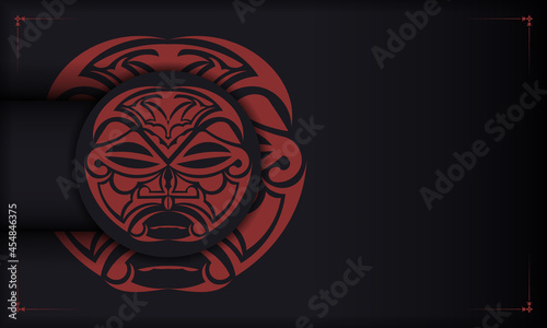 Vector Ready-to-print postcard design with face in polisenian style ornament. Black template banner with mask of gods ornaments for your logo.