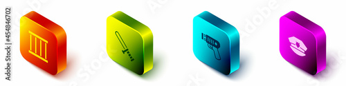 Set Isometric Prison window, Police rubber baton, electric shocker and cap with cockade icon. Vector