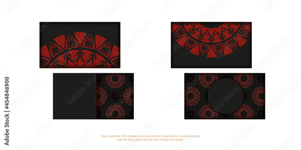 Vector business cards with space for your text and vintage patterns.Printable black business card design with greek red patterns.