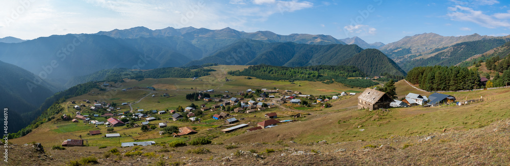 Panoramic view to Omalo mountain village in Tusheti nature reserve. Georgia