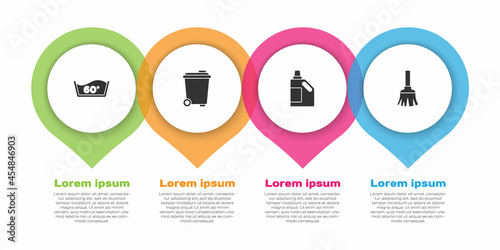 Set Temperature wash, Trash can, Bottle for cleaning agent and Feather broom. Business infographic template. Vector