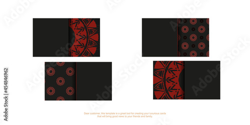 Vector business card preparation with place for your text and vintage ornament. Black business card design with Greek red patterns.