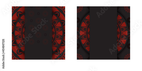 Luxurious Ready-to-print postcard design in black with red Greek patterns. Vector Invitation card template with place for your text and abstract ornament.