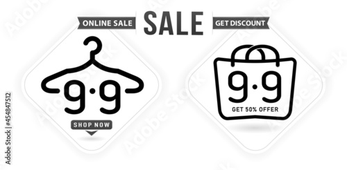 Hanger and Tag 9.9 sale, 9.9 Online sale, Hand bag model monochrome with isolated white backgrounds for poster or flyer design, social media banner, web banner online shop, label of sale