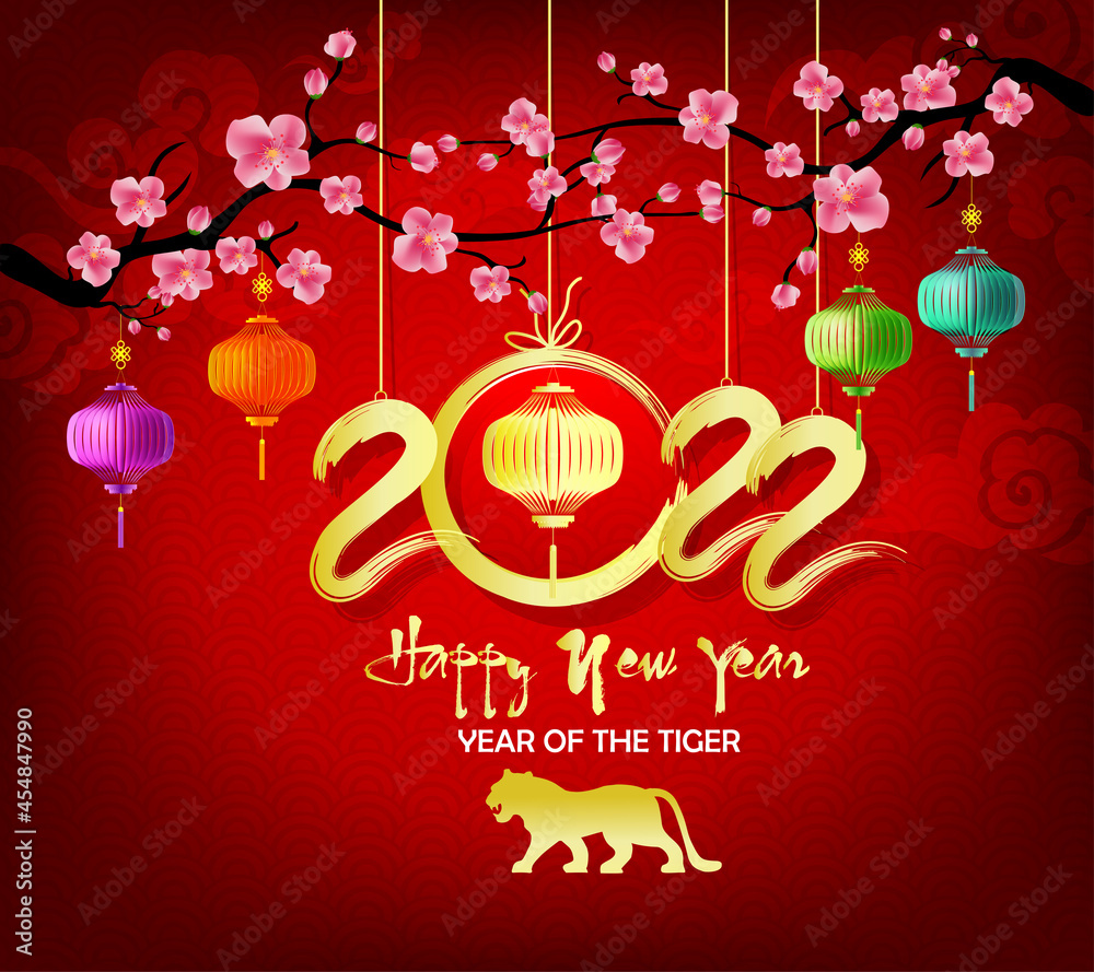 Chinese new year 2022 year of the tiger red and gold flower.