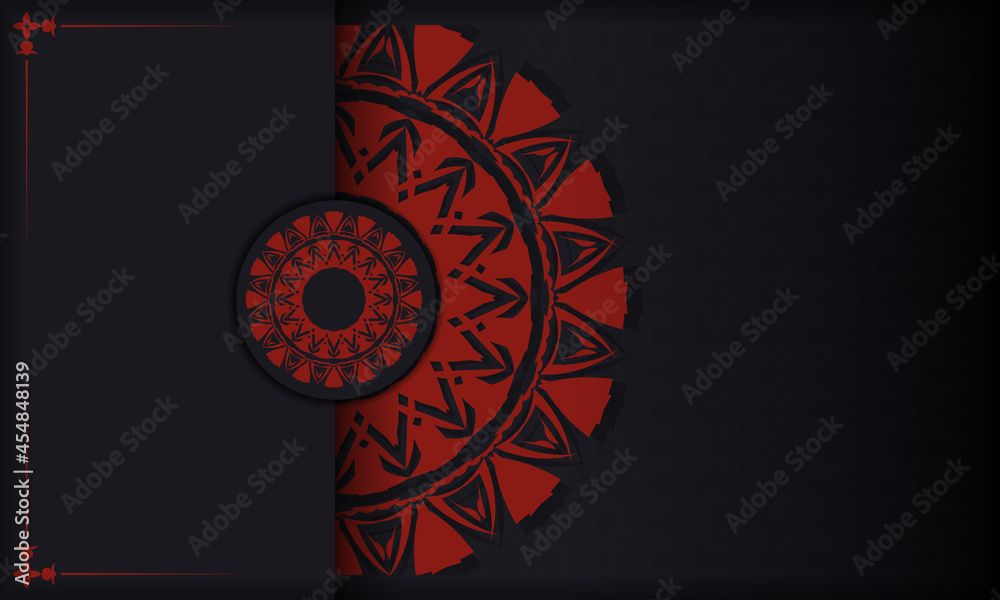Template for postcard print design with abstract patterns. Black vector banner with greek red ornaments and place for your text and logo.