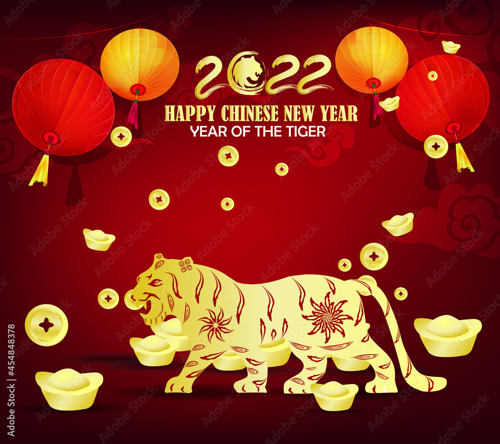 Naklejka premium Chinese new year 2022 year of the tiger red and gold flower.