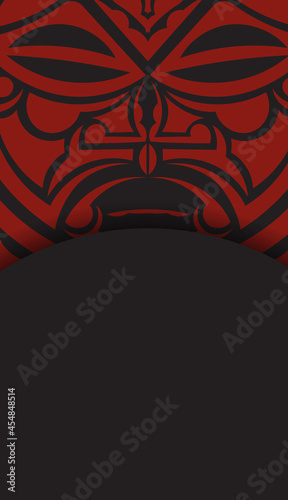 Ready-to-print postcard design in black with the mask of the gods. An invitation template with a place for your text and a face in polizenian style patterns.