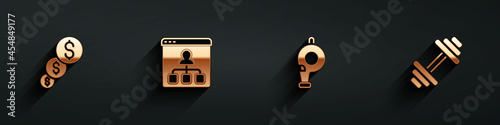 Set Financial growth and dollar, Online education, Whistle and Dumbbell icon with long shadow. Vector