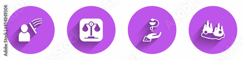 Set Police beat human, Scales of justice, Caduceus snake medical and Burning car icon with long shadow. Vector
