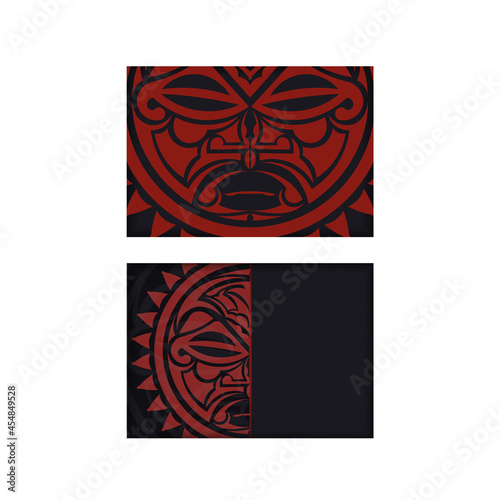 Vector Prepare your invitation with a place for your text and a face in a polizenian style ornament. Ready-to-print postcard design in black with the mask of the gods.