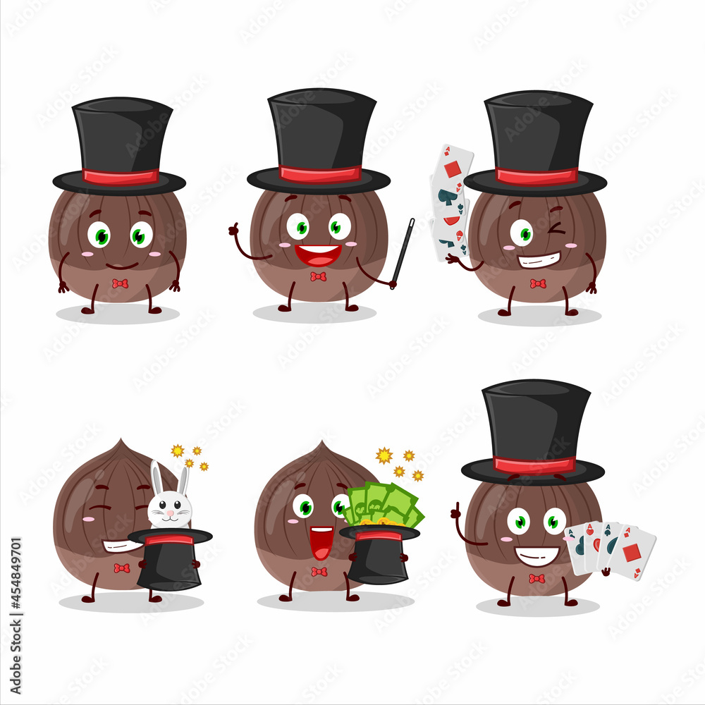 A chestnut Magician cartoon character perform on a stage A chestnut Magician cartoon character perform on a stage