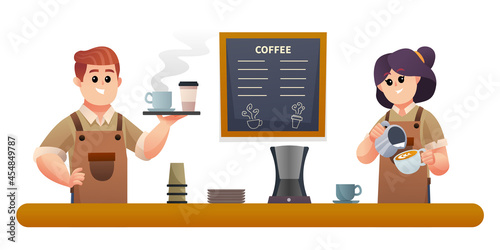 Cute male barista carrying coffee and the female barista making coffee illustration