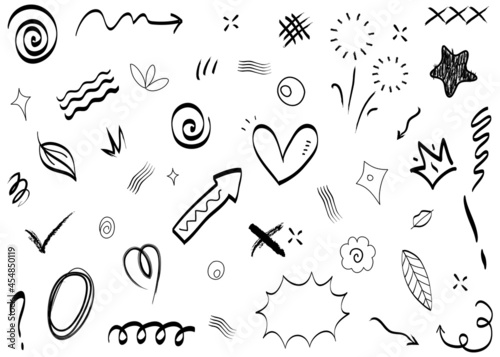 Abstract arrows, ribbons, crowns, hearts, explosions and other elements in hand drawn style for concept design. Doodle illustration. Vector template for decoration