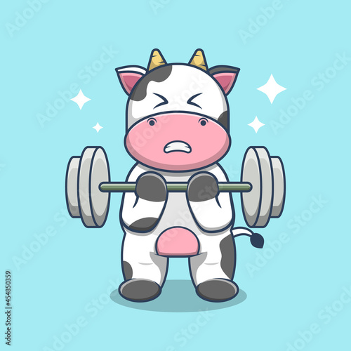 Cute Cow Lifting Dumbbell cartoon vector illustration. Animal Sport Themed Icon Illustration. Cow Cartoon Flat Design Style.