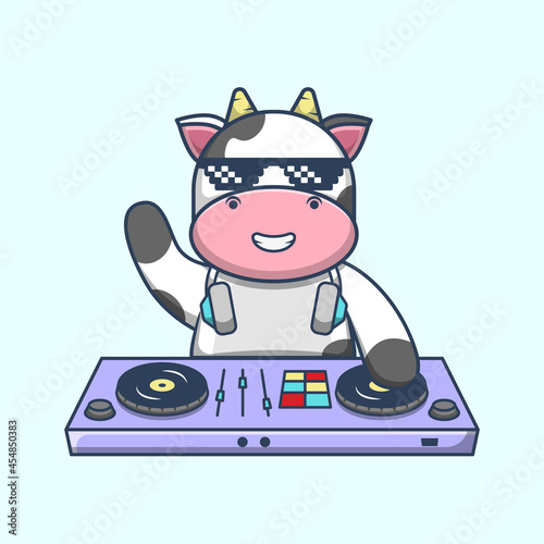 Cow Cartoon Playing DJ Electronic Music Mixer With Headphone Vector Icon Illustration. Animal Music Icon Themed Illustration.