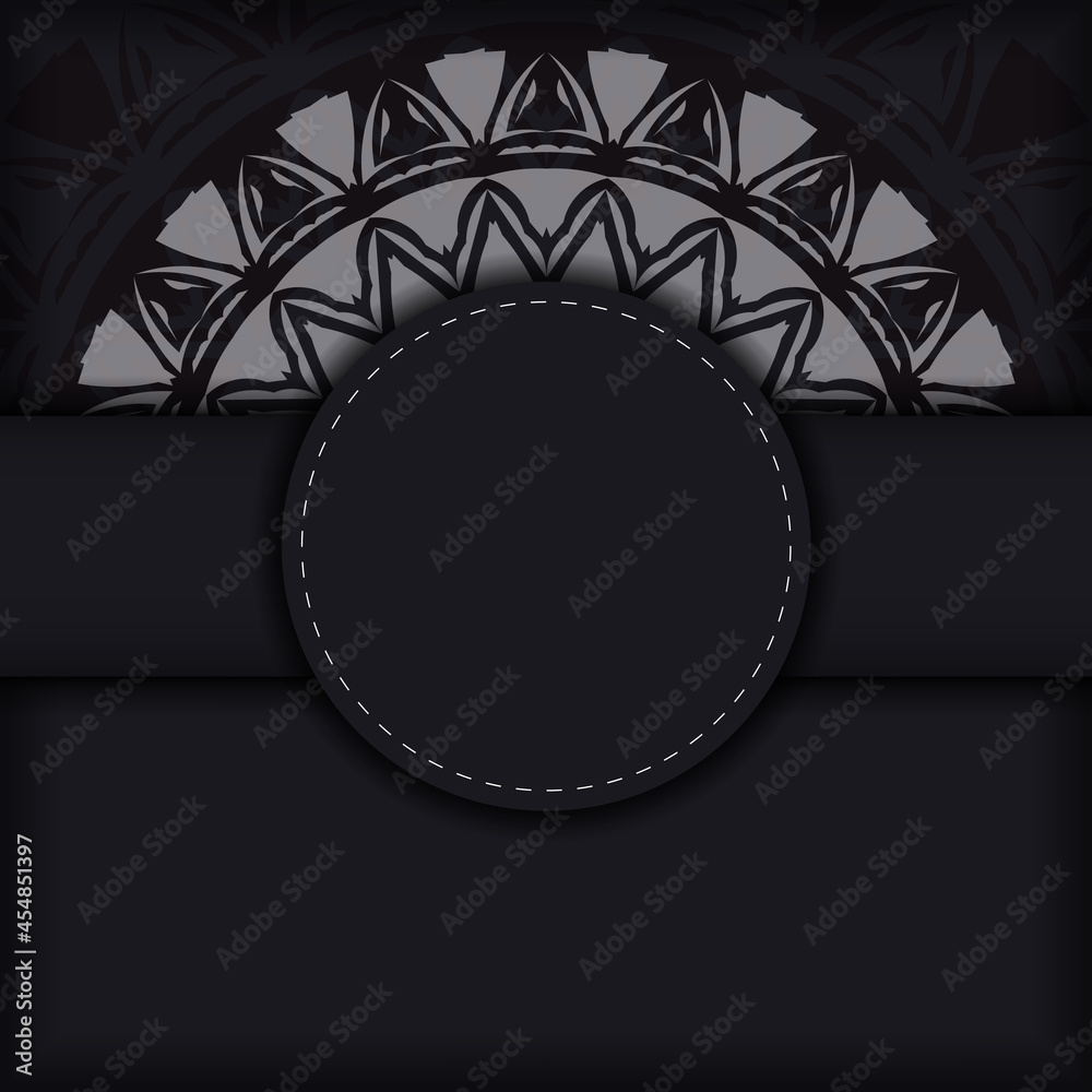 Black banner template with Greek ornaments and place for your logo and text. Template for postcard print design with abstract patterns. Black banner template with Greek ornaments and place for your logo and text. Template for postcard print design with abstract patterns.
