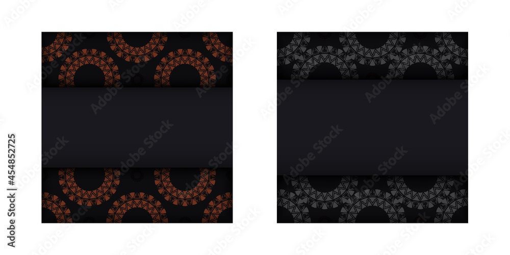 Luxurious design of a postcard in black with orange patterns. Invitation card design with space for your text and vintage ornaments. Luxurious design of a postcard in black with orange patterns. Invitation card design with space for your text and vintage ornaments.