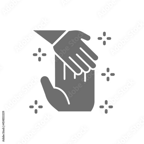 Child hand holds palm of man, donation to children, volunteering grey icon.