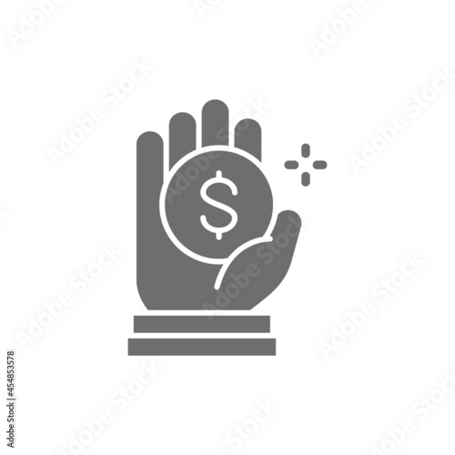 Coin in hand, money donation, charity, volunteering grey icon.