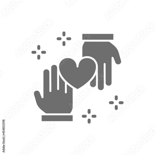 Hands with heart, donation, volunteering, charity, good deeds grey icon.