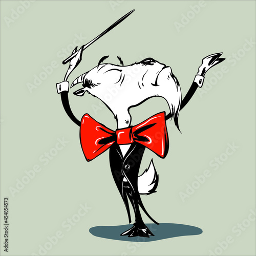 The goat the conductor in an effective pose vigorously conducts a symphonic orchestra.