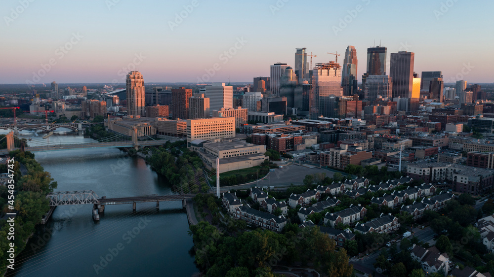 Aerial View Waterfront Downtown in Minneapolis Minnesota USA