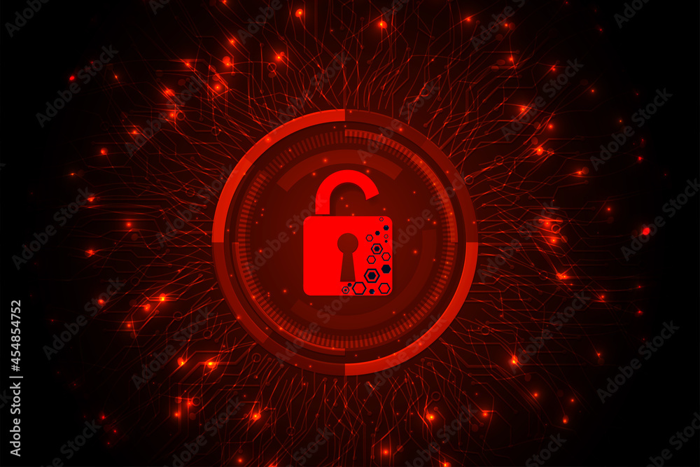 Concept of destroyed cyber security design.Padlock red open on dark red