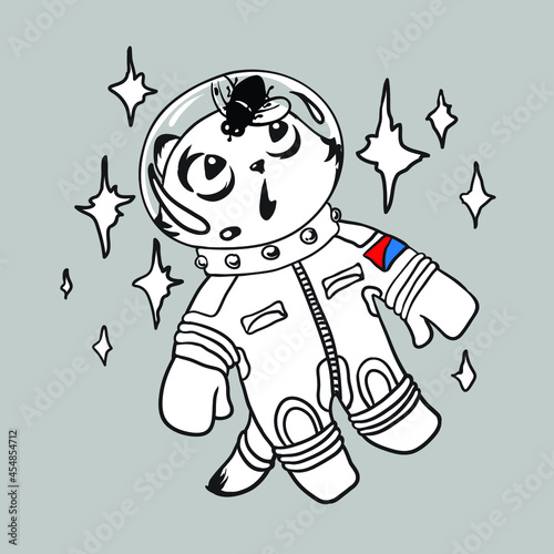 The cat the cosmonaut with astonishment looks at a fly in the survival suit.