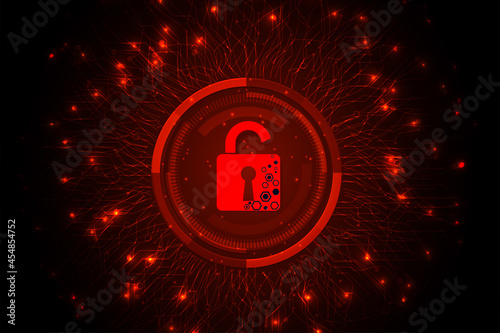 Concept of destroyed cyber security design.Padlock red open on  dark red background.Cyber attack and Information leak concept.Vector illustration.