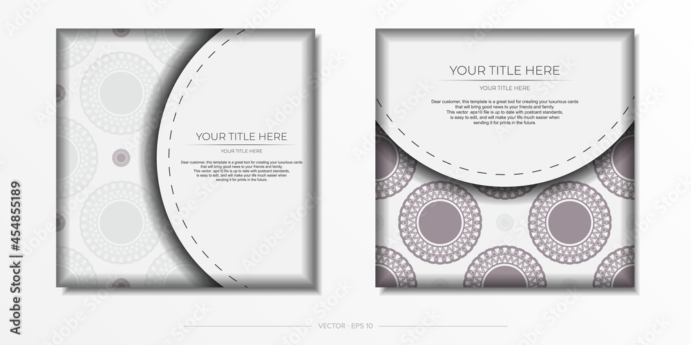 Preparing an invitation card with a place for your text and vintage patterns. Luxurious Template for print design postcard in white color with dark Greek ornaments.