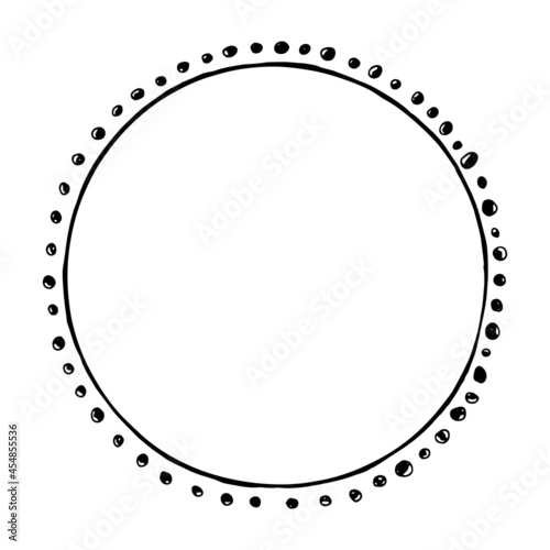 Doodle circle frame, wreath. Black and white illustration isolated.