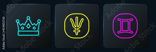 Set line King crown, Gemini zodiac and Neptune planet. Black square button. Vector