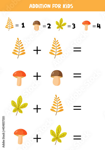 Addition for kids with cute autumn leaves and mushrooms.