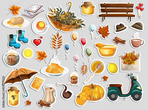 Fototapeta Naklejka Na Ścianę i Meble -  Vector image of stickers with elements symbolizing the fall and food related to the fall season. Cartoon style. EPS 10