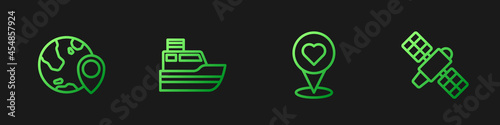 Set line Location with heart, the globe, Ship line path and Satellite. Gradient color icons. Vector