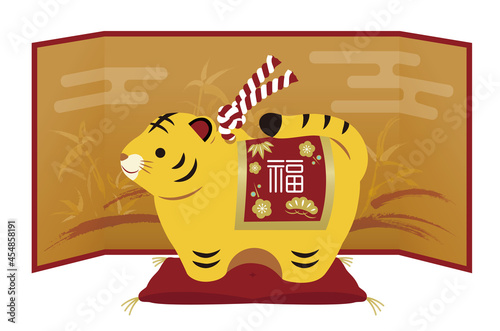 寅の置物と屏風のイラスト素材　十二支　寅年　虎　年賀状
