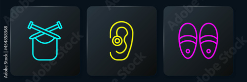 Set line Knitting, Slippers and Hearing aid. Black square button. Vector
